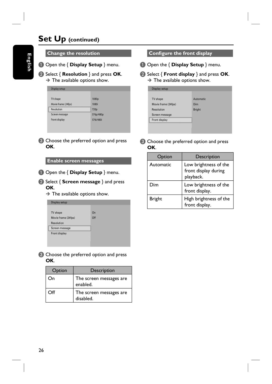 Philips BDP7100 user manual English Change the resolution, Configure the front display, Enable screen messages 