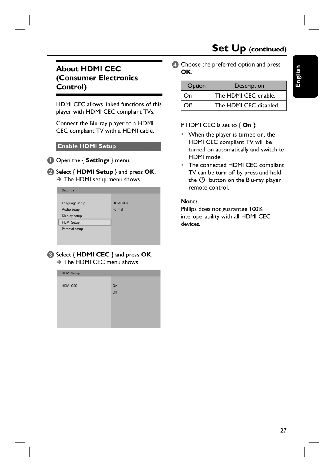 Philips BDP7100 user manual About Hdmi CEC Consumer Electronics Control, Enable Hdmi Setup 