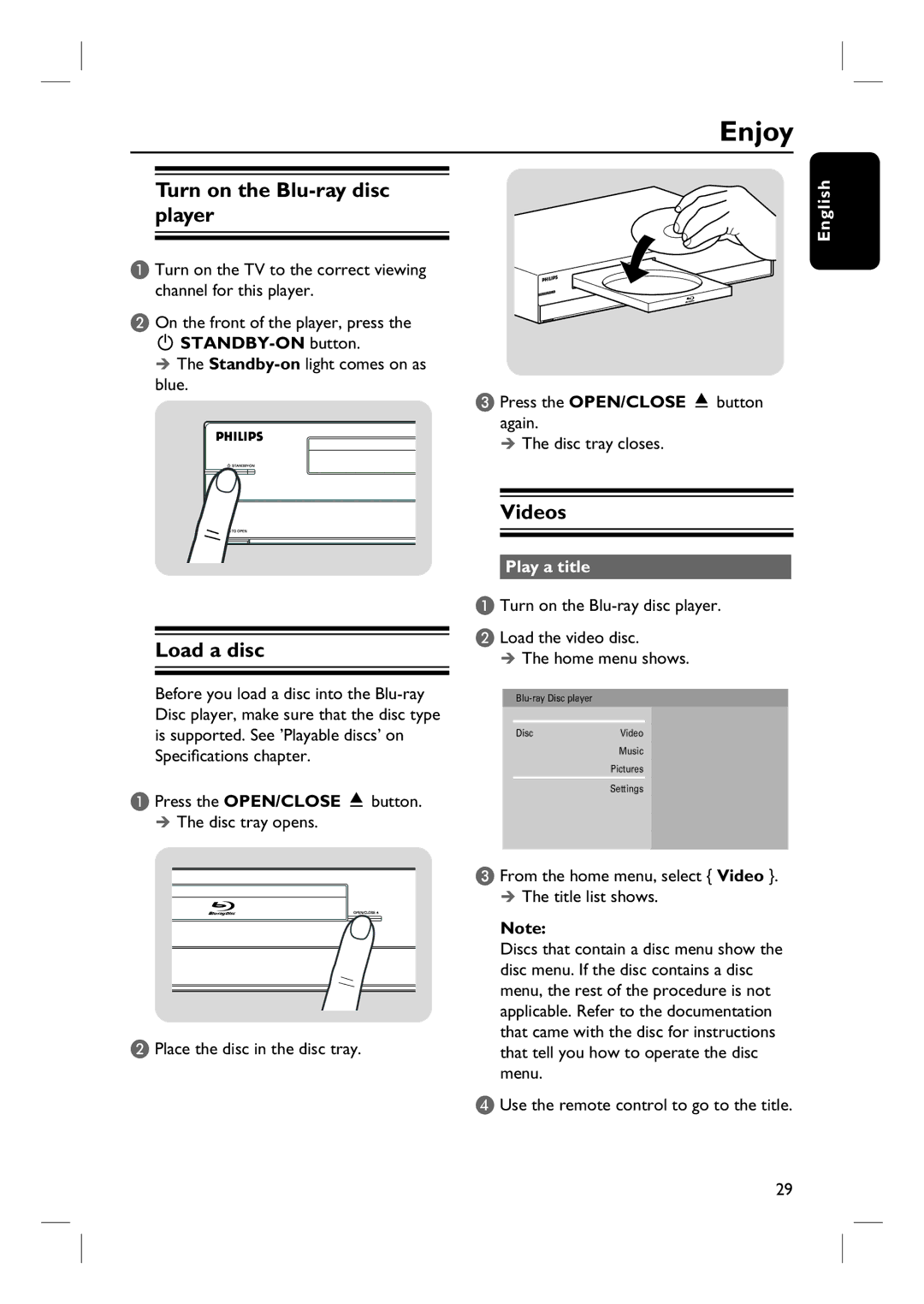 Philips BDP7100 user manual Enjoy, Turn on the Blu-ray disc player, Load a disc, Videos, Play a title 