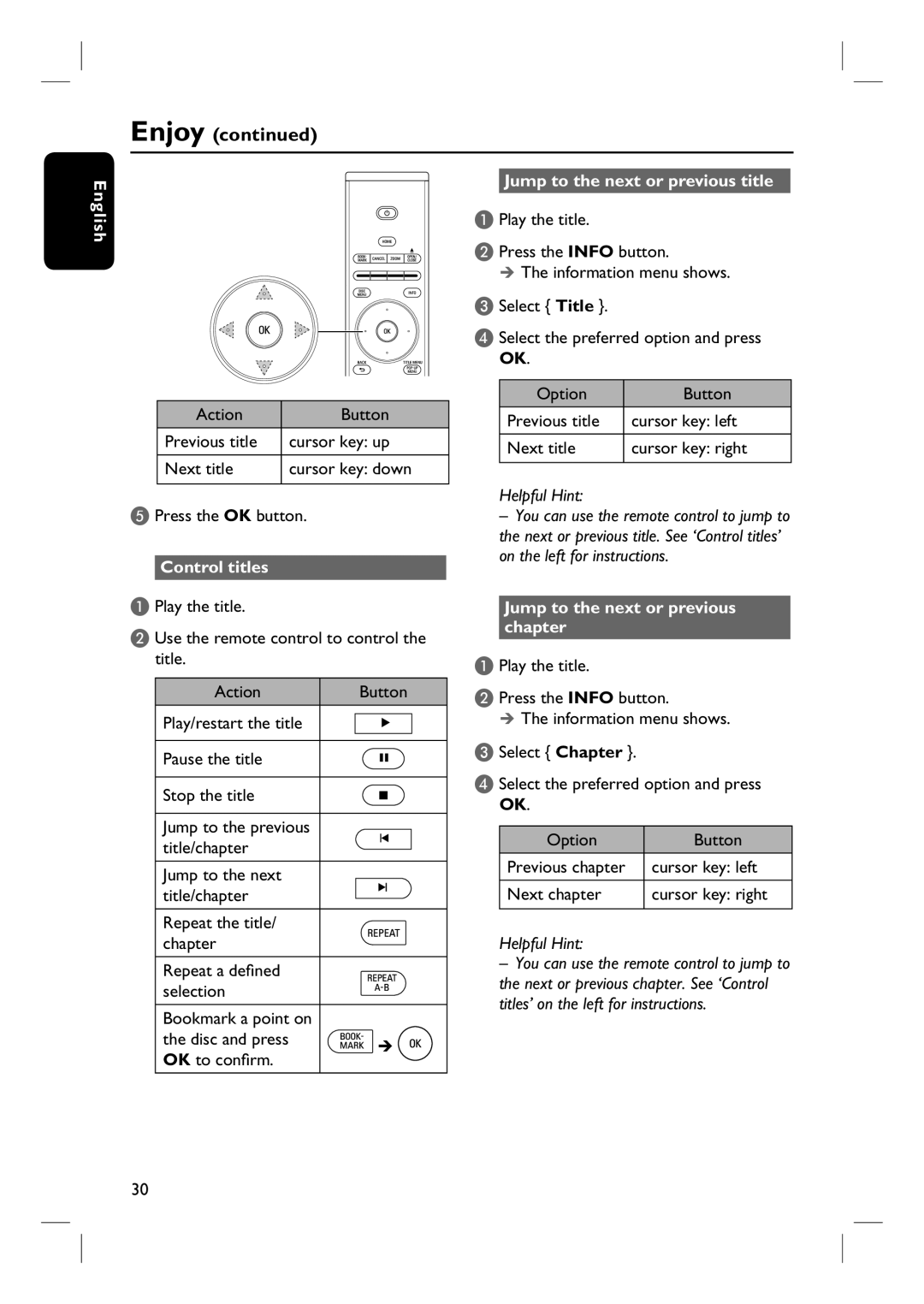 Philips BDP7100 user manual Control titles, Jump to the next or previous title, Jump to the next or previous chapter 