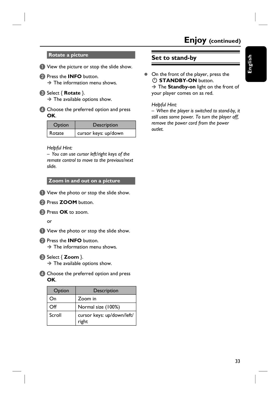 Philips BDP7100 user manual Set to stand-by, Rotate a picture, STANDBY-ON button, English Zoom in and out on a picture 