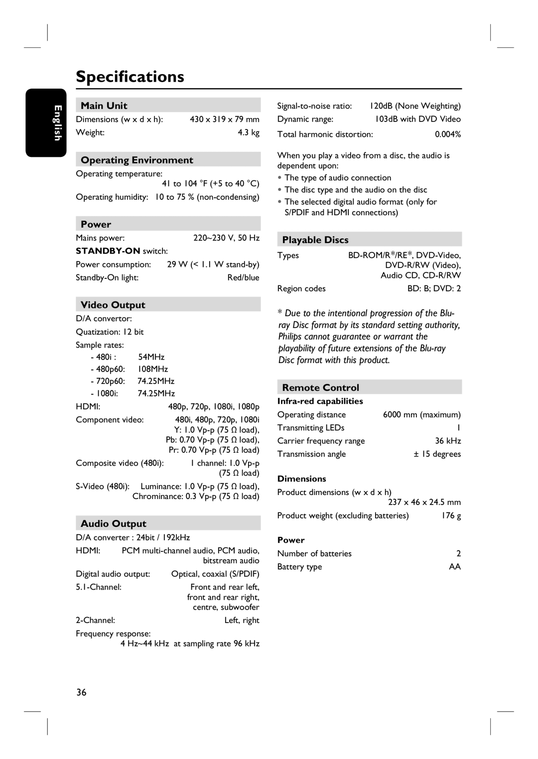 Philips BDP7100 user manual Specifications 