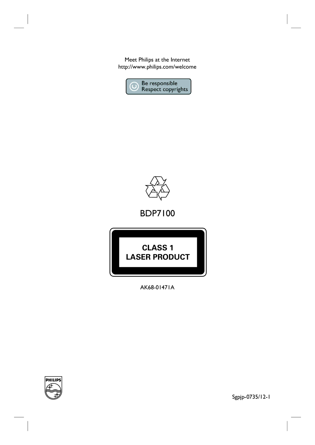 Philips BDP7100 user manual Meet Philips at the Internet, AK68-01471A Sgpjp-0735/12-1 