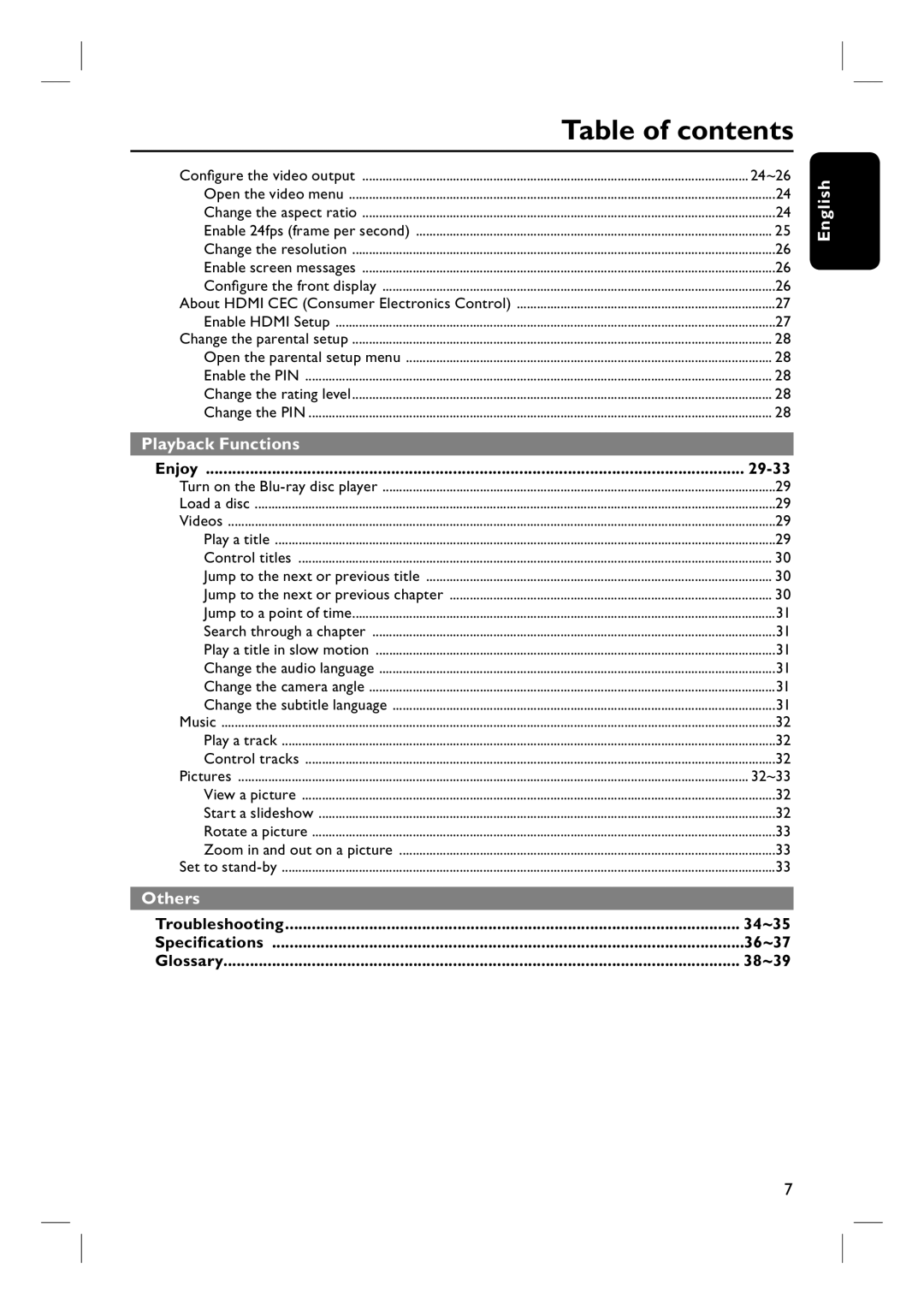 Philips BDP7100 user manual Table of contents 