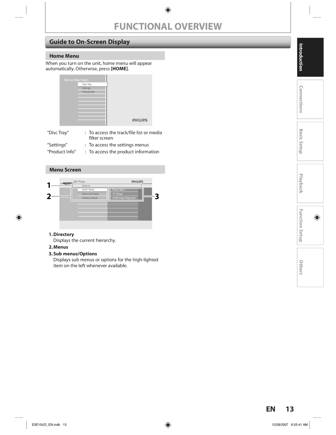 Philips BDP7200 manual Guide to On-Screen Display, Home Menu, Menu Screen, Directory, Menus Sub menus/Options 