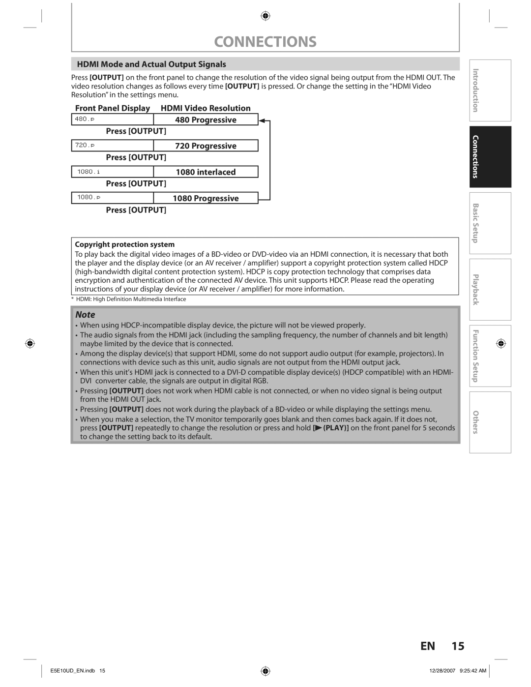 Philips BDP7200 manual Connections, Hdmi Mode and Actual Output Signals, Copyright protection system 