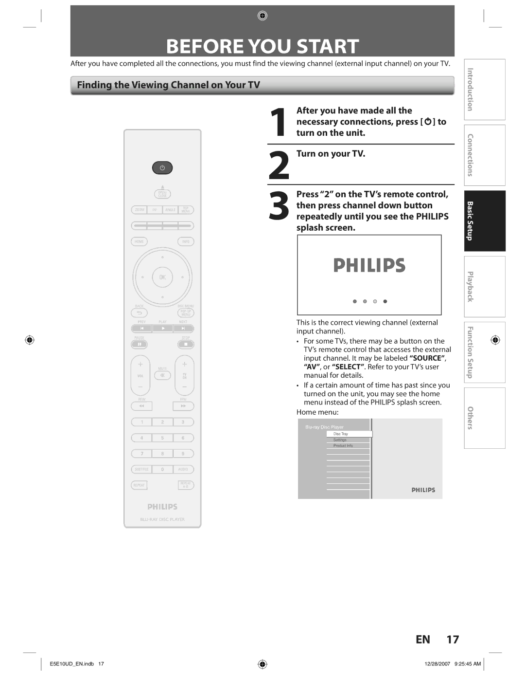 Philips BDP7200 manual Before YOU Start, Finding the Viewing Channel on Your TV, Home menu 