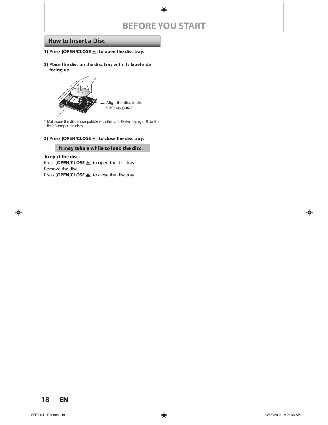 Philips BDP7200 manual Before YOU Start, How to Insert a Disc, It may take a while to load the disc, To eject the disc 