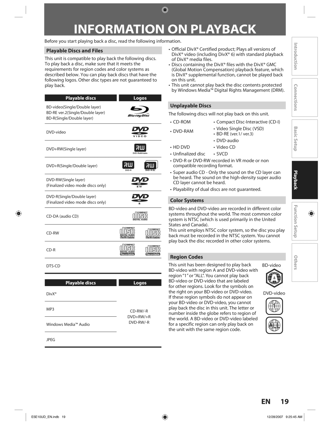 Philips BDP7200 manual Information on Playback, Playable Discs and Files, Unplayable Discs, Color Systems, Region Codes 