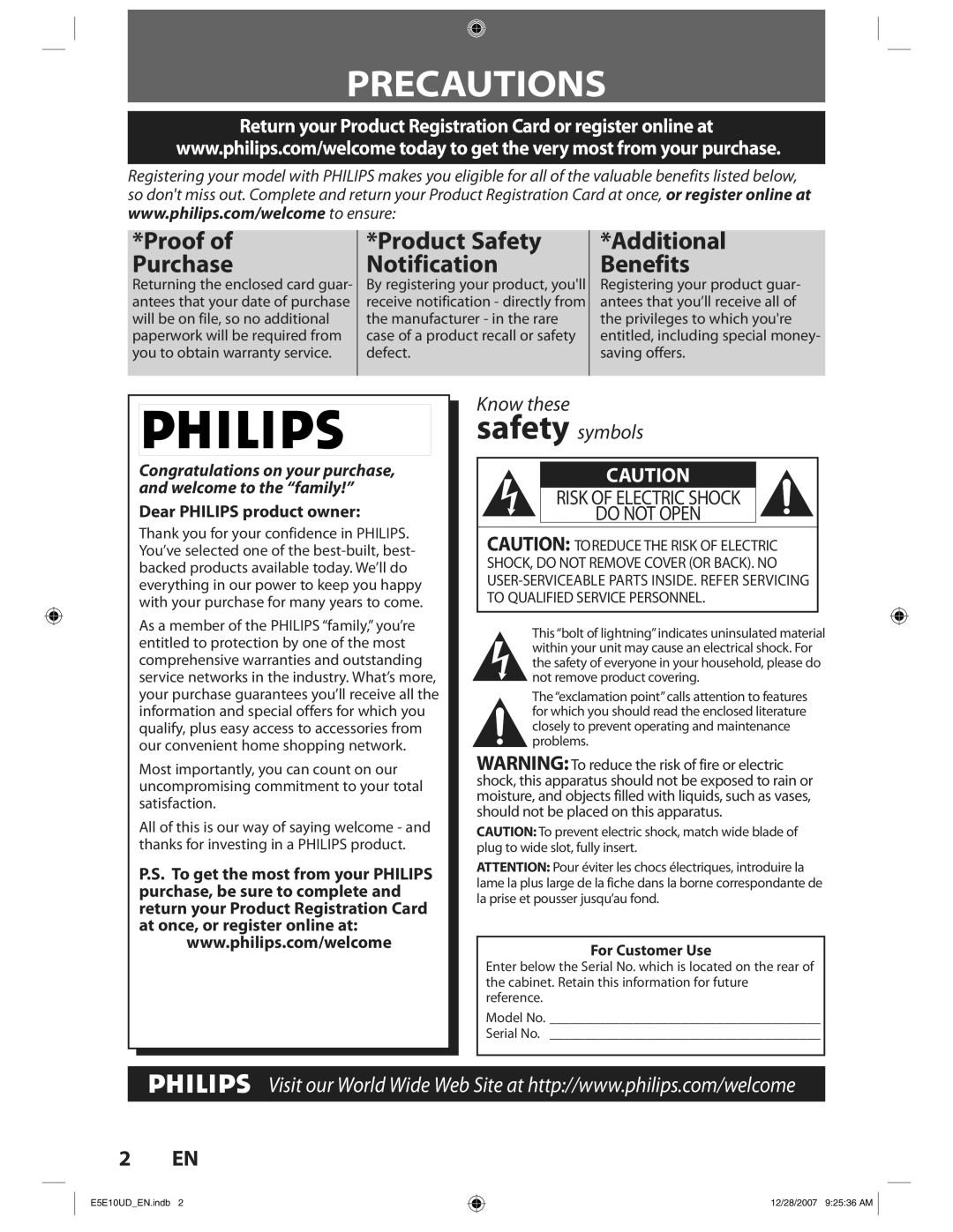 Philips BDP7200 manual Precautions, Dear Philips product owner, For Customer Use, Antees that your date of purchase 