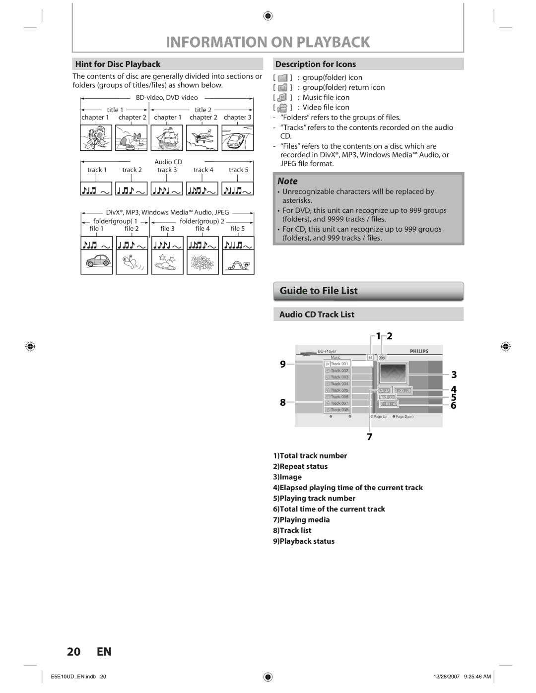 Philips BDP7200 manual Information on Playback, Guide to File List, Hint for Disc Playback, Description for Icons 