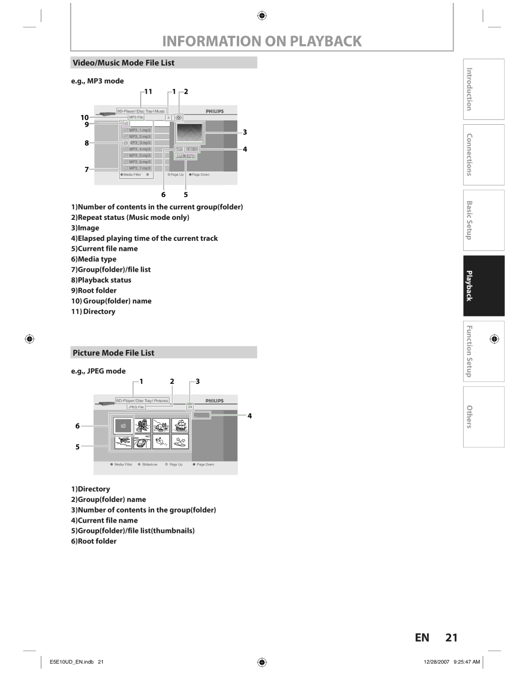 Philips BDP7200 manual Video/Music Mode File List, Picture Mode File List, MP3 mode, Jpeg mode 