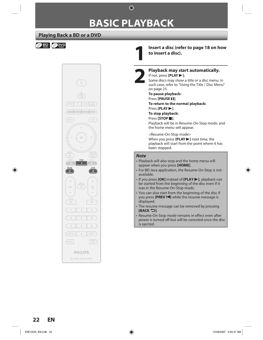 Philips BDP7200 manual Basic Playback, Playing Back a BD or a DVD, To pause playback, To return to the normal playback 