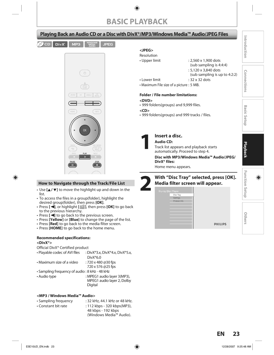 Philips BDP7200 manual Basic Playback, Insert a disc, Media filter screen will appear, With Disc Tray selected, press OK 