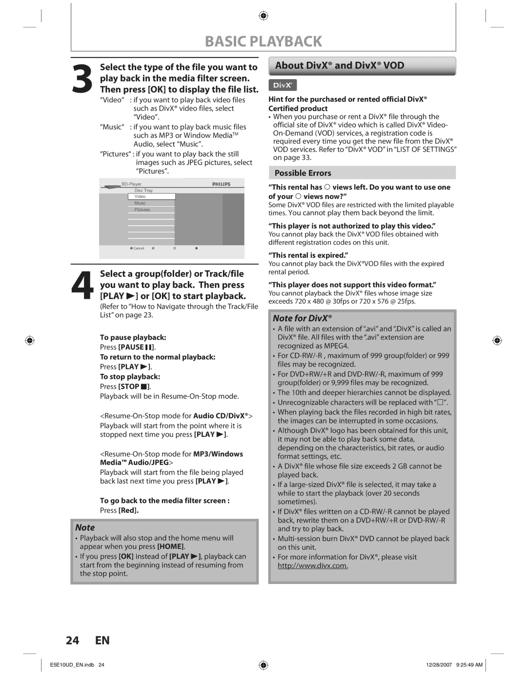 Philips BDP7200 manual About DivX and DivX VOD, Possible Errors 