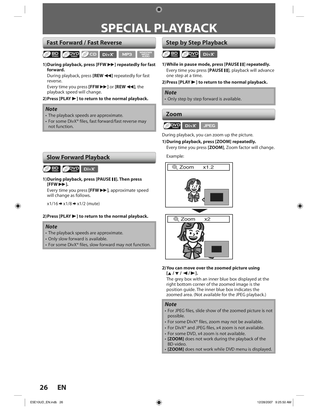 Philips BDP7200 manual Special Playback, Fast Forward / Fast Reverse Step by Step Playback, Slow Forward Playback, Zoom 