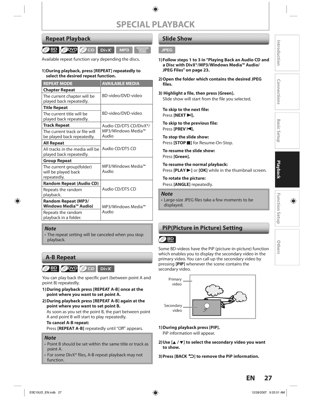 Philips BDP7200 manual Special Playback, Repeat Playback, PiPPicture in Picture Setting 