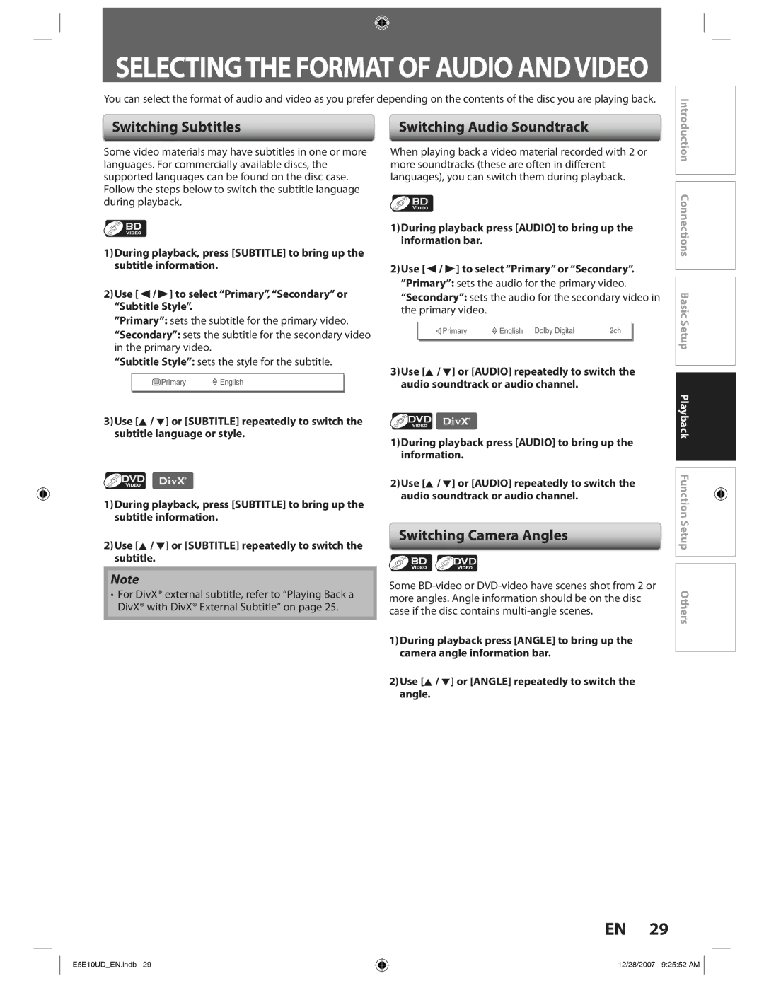 Philips BDP7200 manual Switching Subtitles, Switching Camera Angles, Switching Audio Soundtrack 