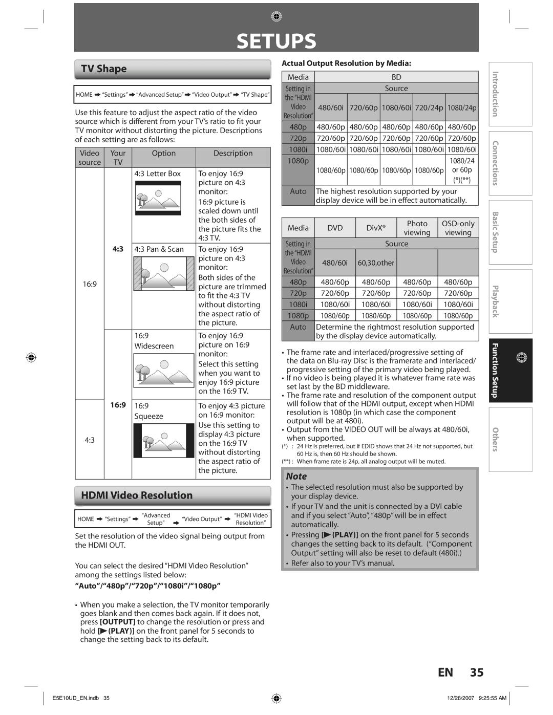 Philips BDP7200 manual Setups, TV Shape, Hdmi Video Resolution 