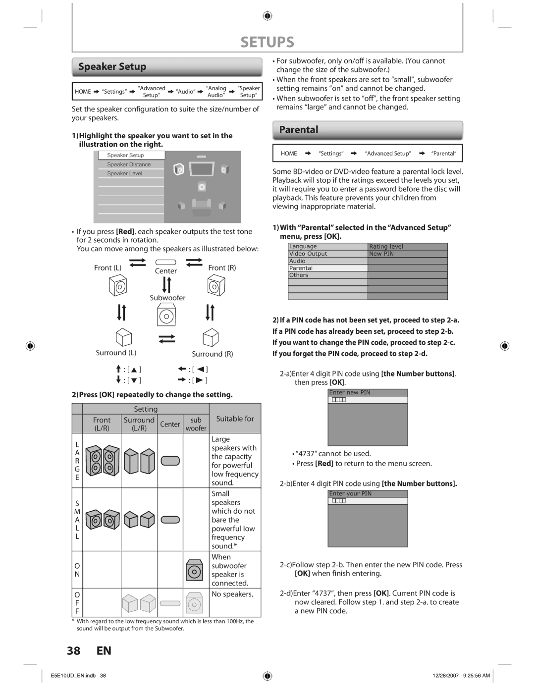 Philips BDP7200 manual Speaker Setup, Parental, 2Press OK repeatedly to change the setting 