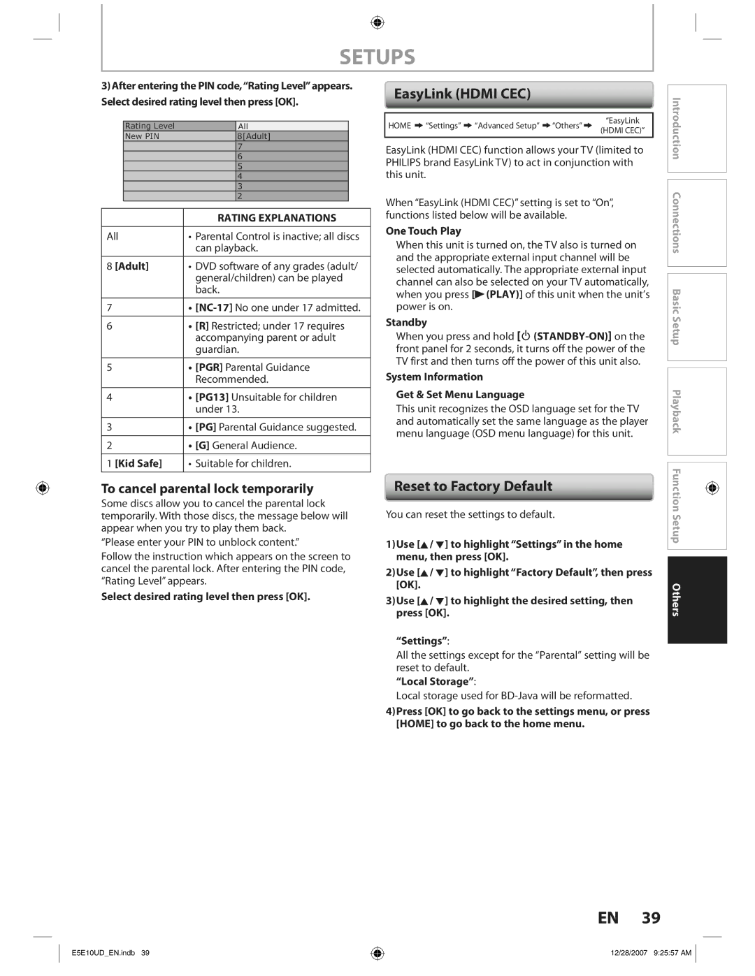 Philips BDP7200 manual EasyLink Hdmi CEC, Reset to Factory Default, To cancel parental lock temporarily 