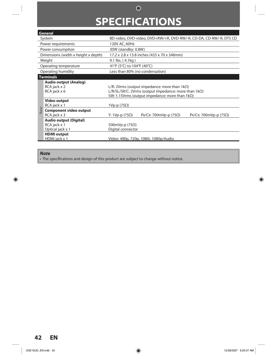 Philips BDP7200 manual Specifications, General, Terminals 