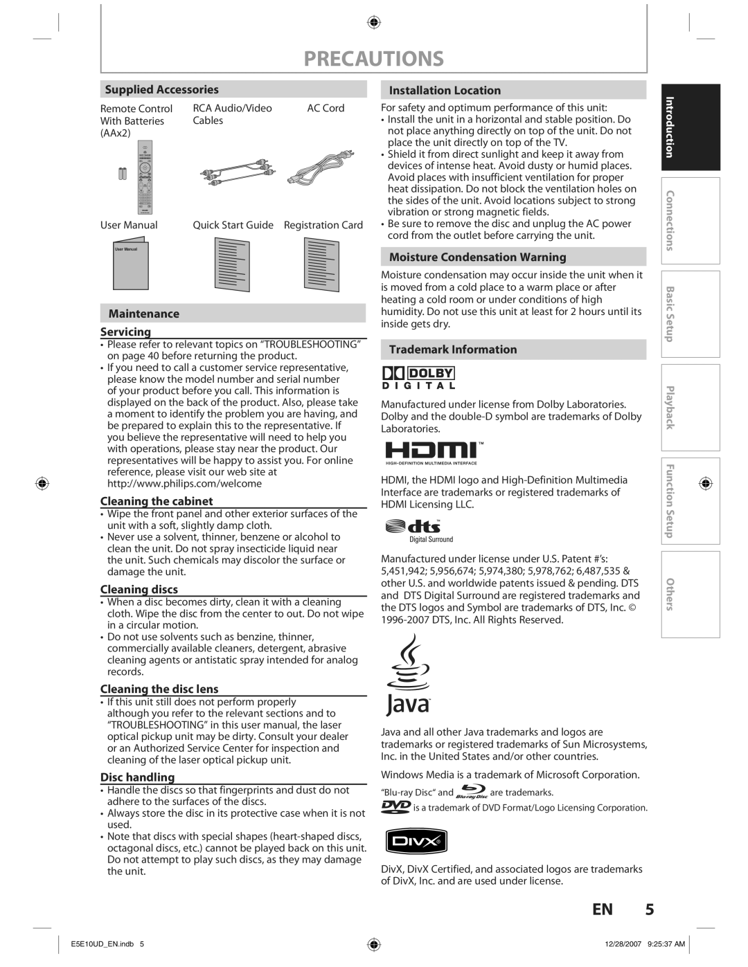 Philips BDP7200 Supplied Accessories, Maintenance Servicing, Cleaning the cabinet, Cleaning discs, Installation Location 