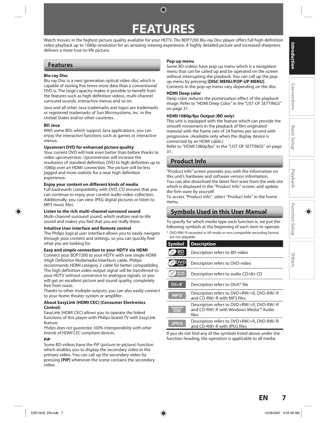 Philips BDP7200 manual Features, Product Info, Symbol Description 