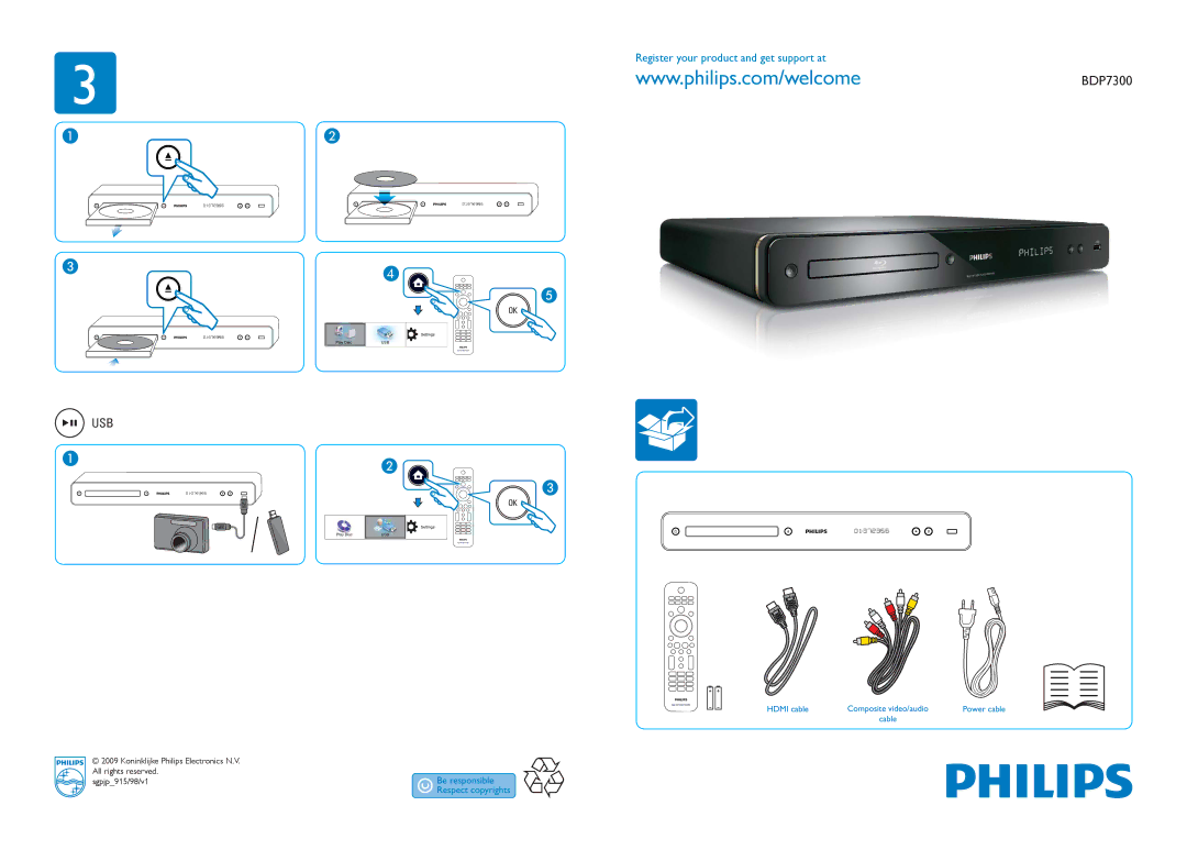 Philips BDP7300 manual Usb 