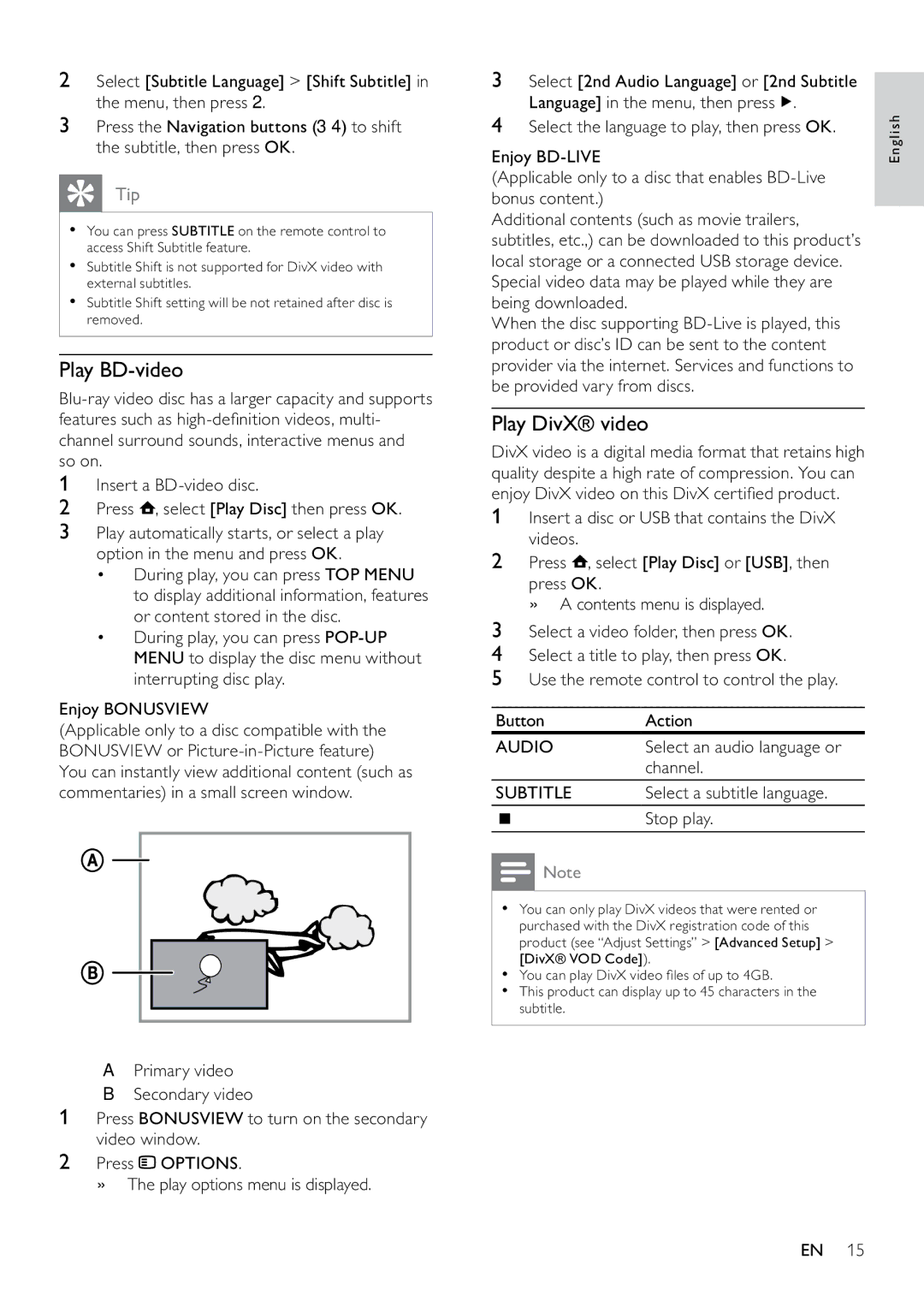 Philips BDP7500 user manual Play BD-video, Play DivX video, Channel, Select a subtitle language 