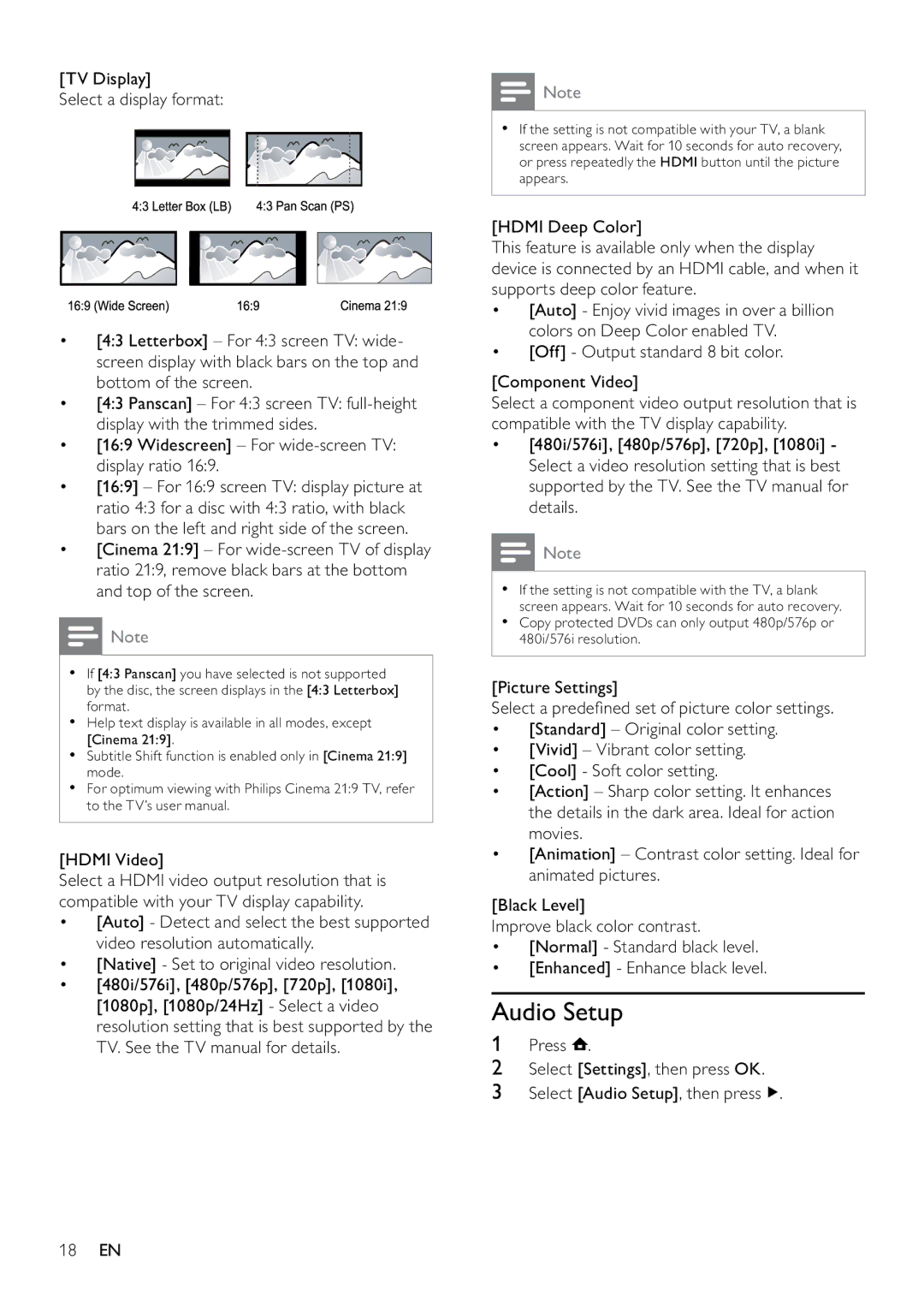 Philips BDP7500 user manual Audio Setup, Hdmi Video 