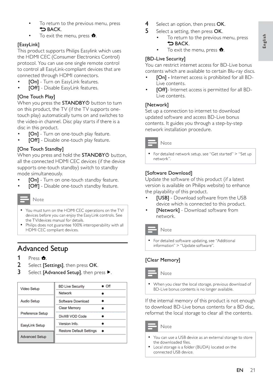 Philips BDP7500 Advanced Setup, To exit the menu, press EasyLink, To exit the menu, press BD-Live Security, Clear Memory 