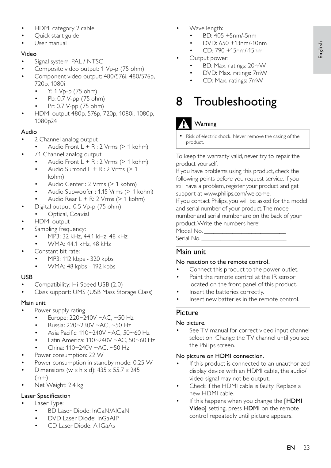 Philips BDP7500 user manual Troubleshooting, Picture, Usb, Model No Serial No 