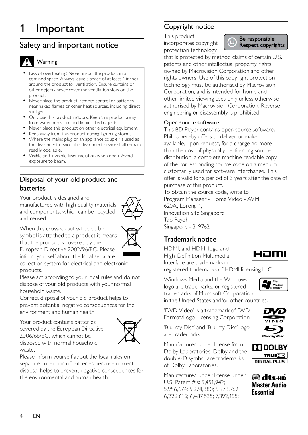 Philips BDP7500 user manual Safety and important notice, Disposal of your old product and batteries, Copyright notice 