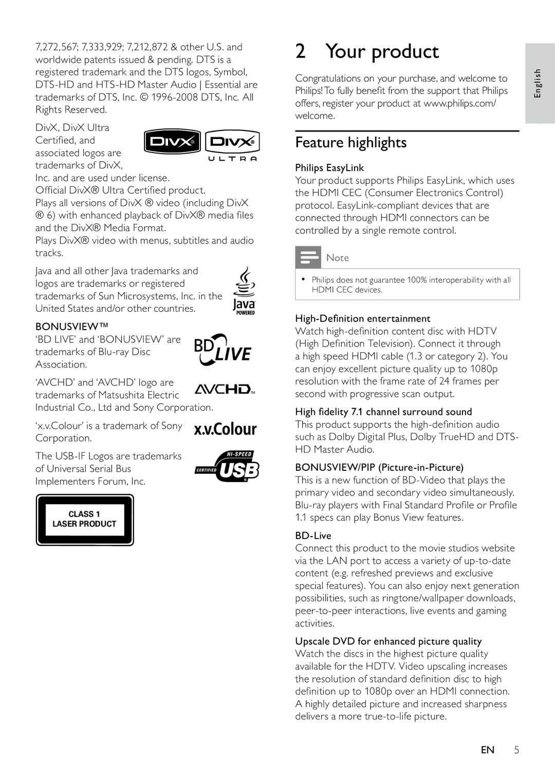 Philips BDP7500 user manual Your product, Feature highlights, Bonusview 