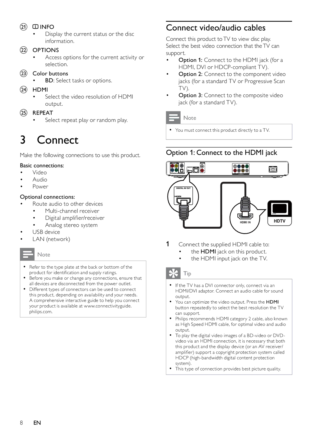 Philips BDP7500 user manual Connect video/audio cables, Option 1 Connect to the Hdmi jack 