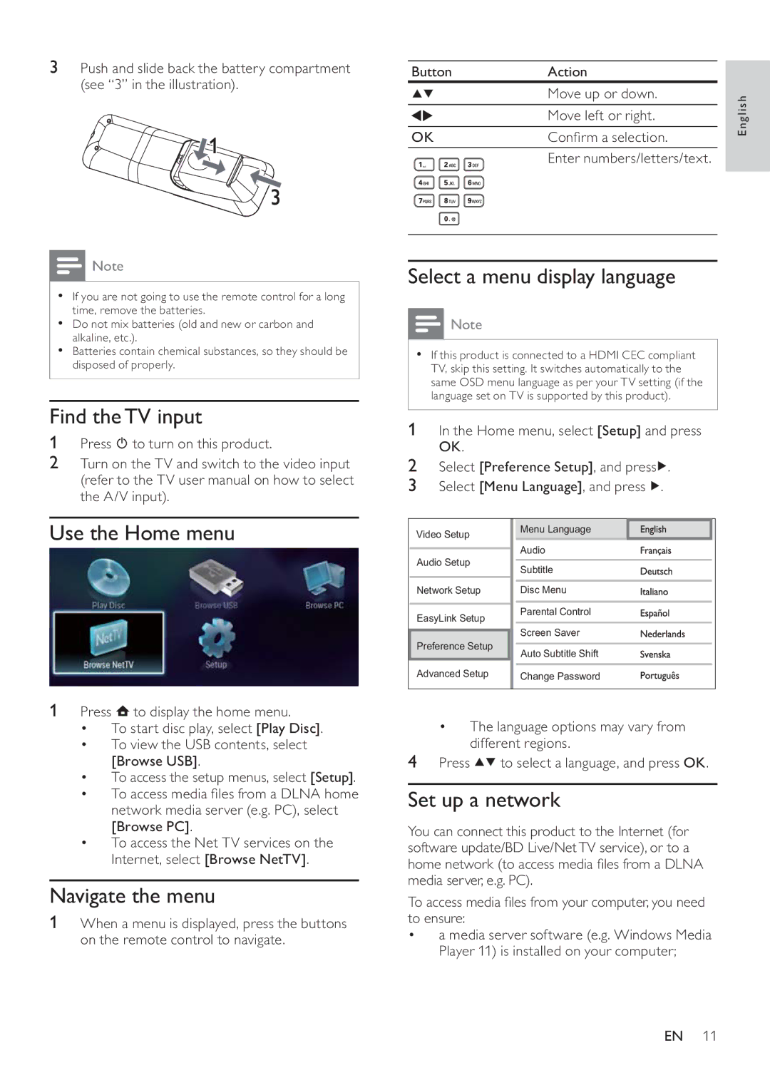 Philips BDP7500 MK II, BDP7500B2 Find the TV input, Use the Home menu, Navigate the menu, Select a menu display language 