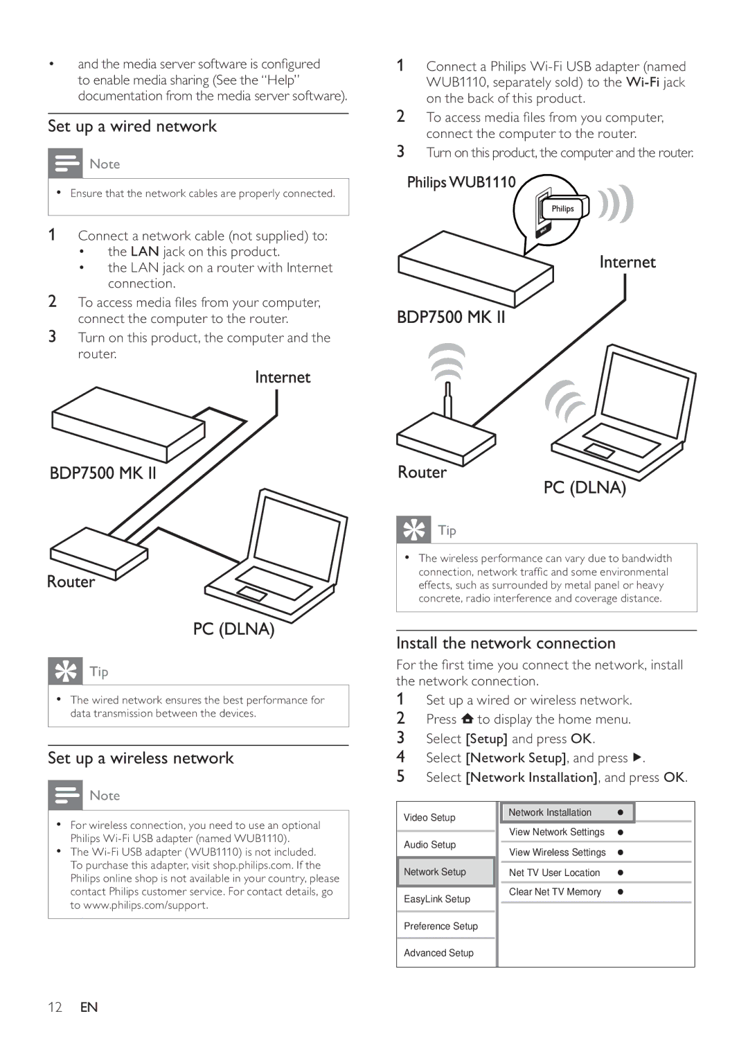 Philips BDP7500B2, BDP7500S2 Set up a wired network, Set up a wireless network, Install the network connection, 12 EN 