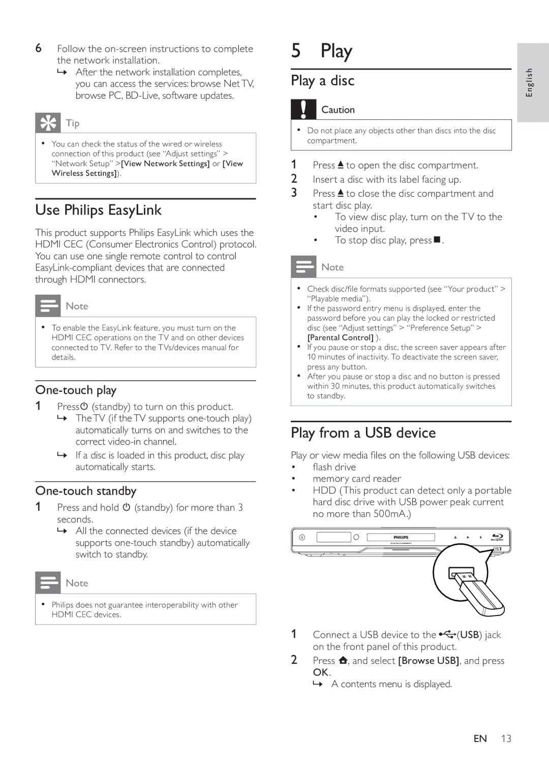 Philips BDP7500S2, BDP7500B2, BDP7500 MK II user manual Use Philips EasyLink, Play a disc, Play from a USB device 