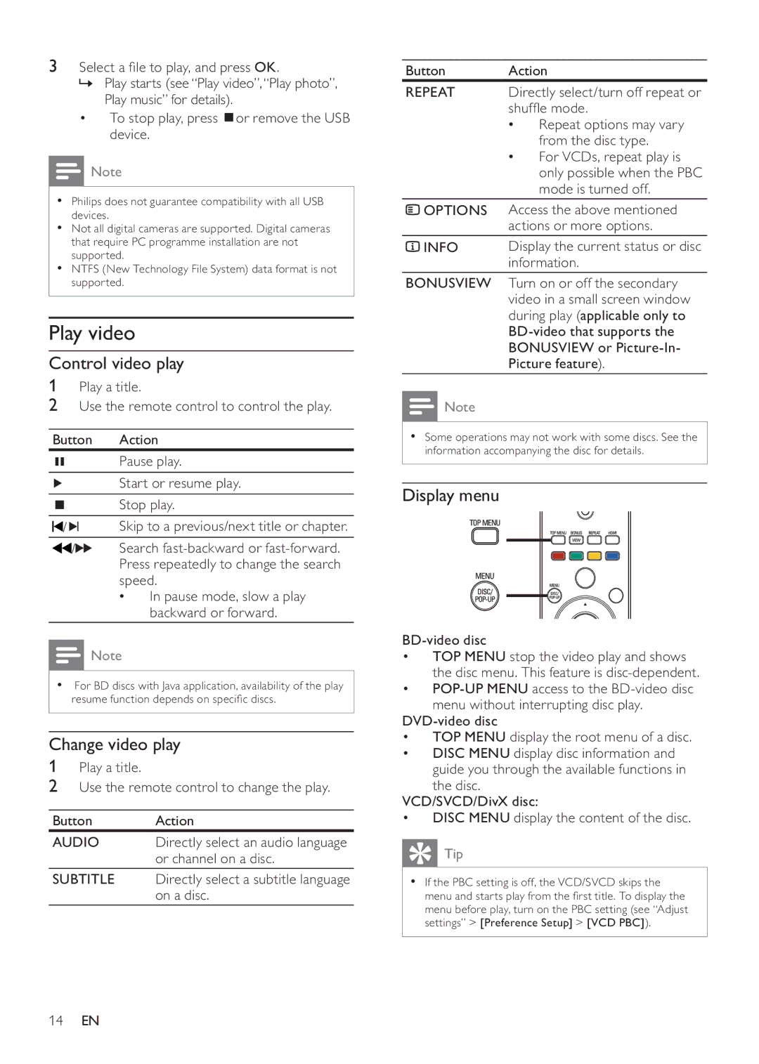 Philips BDP7500 MK II, BDP7500B2, BDP7500S2 user manual Play video, Control video play, Change video play, Display menu 