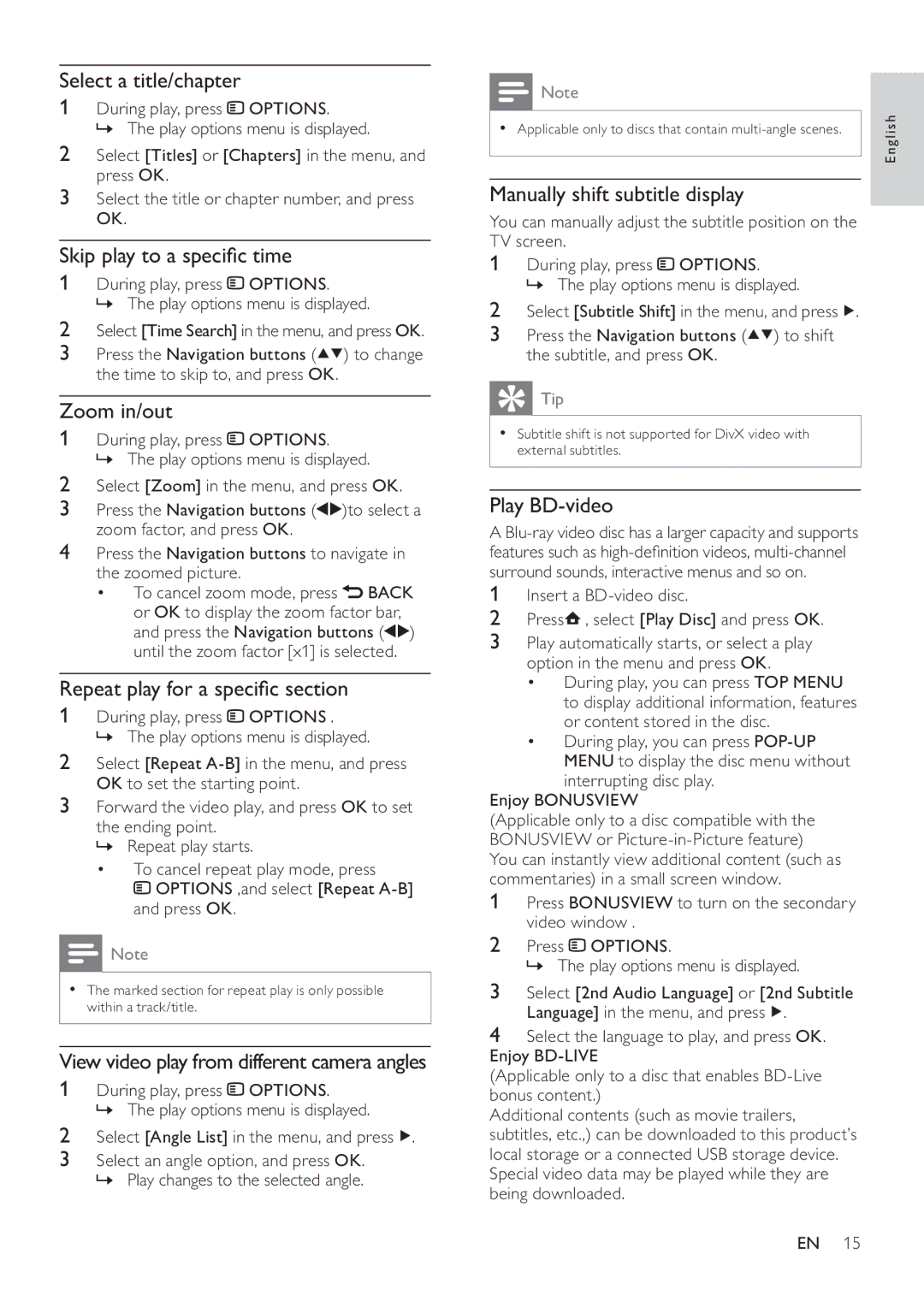 Philips BDP7500B2 Select a title/chapter, Skip play to a speciﬁc time, Zoom in/out, Repeat play for a speciﬁc section 