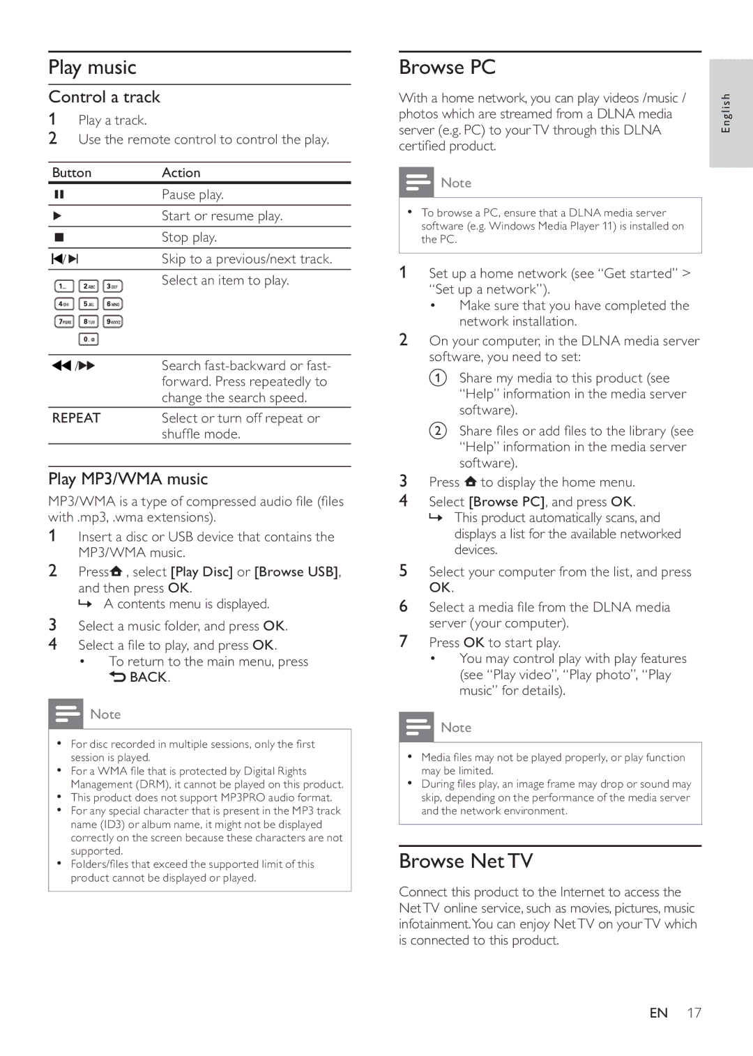 Philips BDP7500 MK II, BDP7500B2, BDP7500S2 Play music, Browse PC, Browse Net TV, Control a track, Play MP3/WMA music 