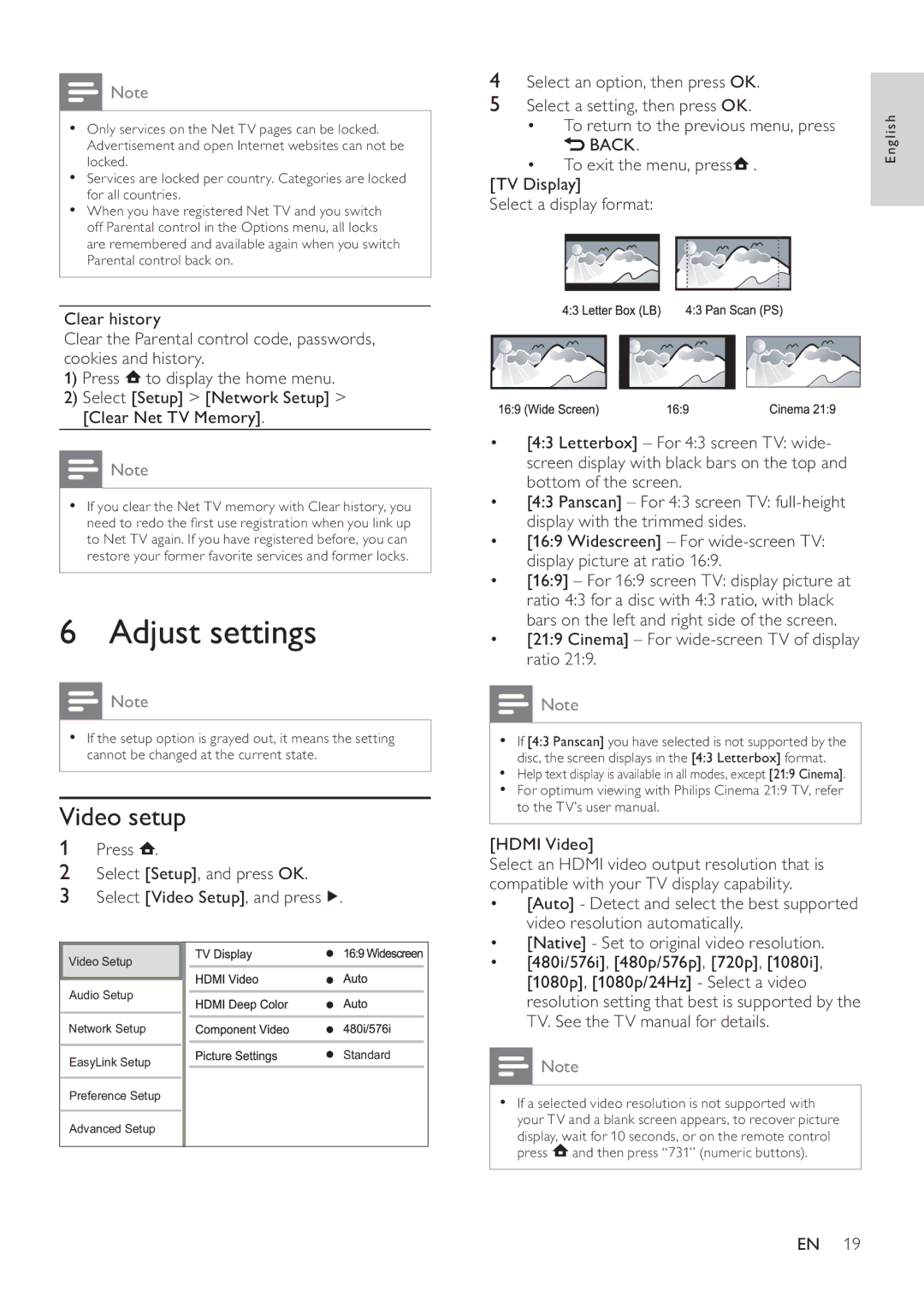 Philips BDP7500S2, BDP7500B2, BDP7500 MK II Adjust settings, Video setup, Press Select Setup, and press OK, Hdmi Video 