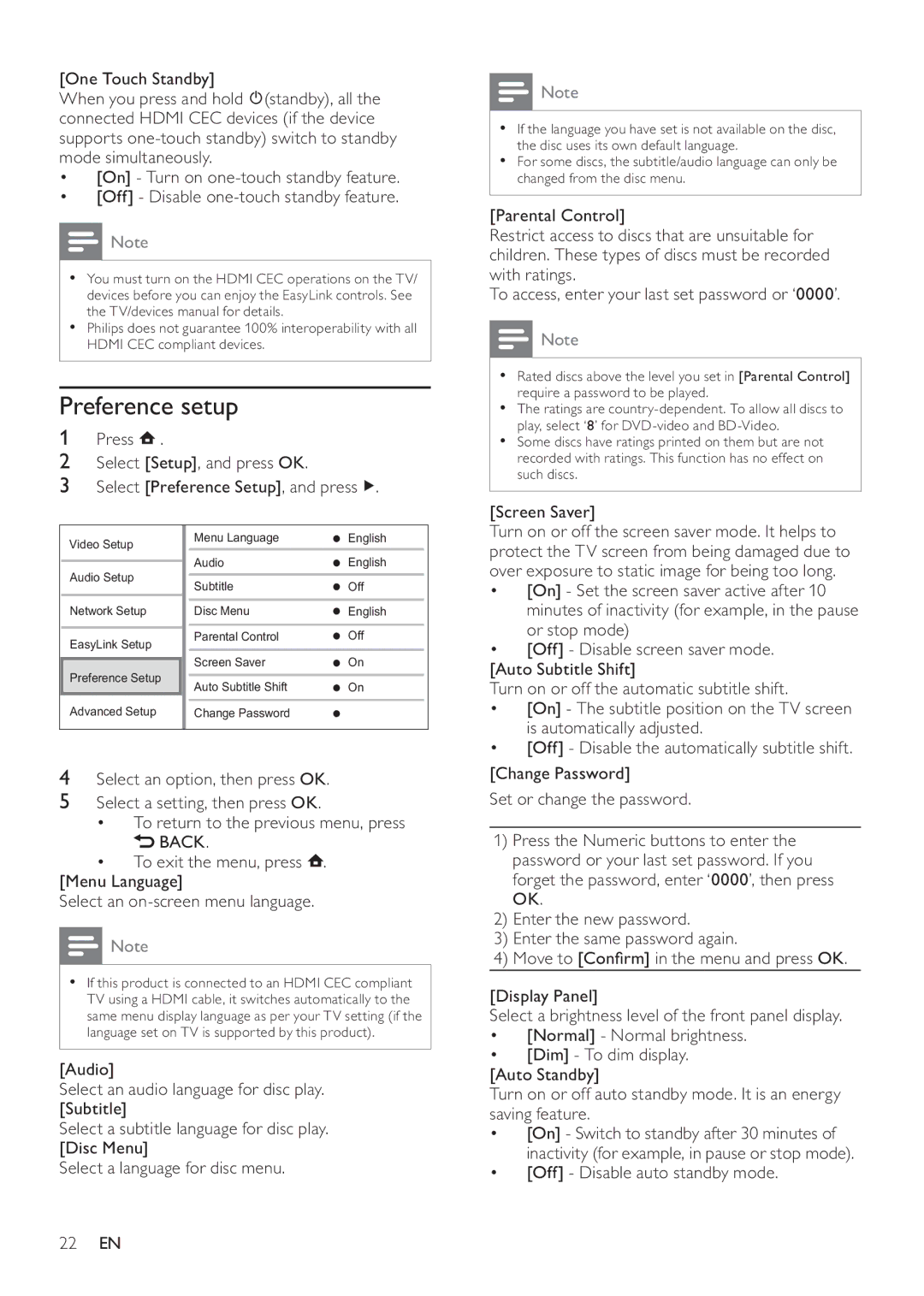 Philips BDP7500S2, BDP7500B2, BDP7500 MK II user manual Preference setup, Screen Saver, Off Disable auto standby mode 22 EN 