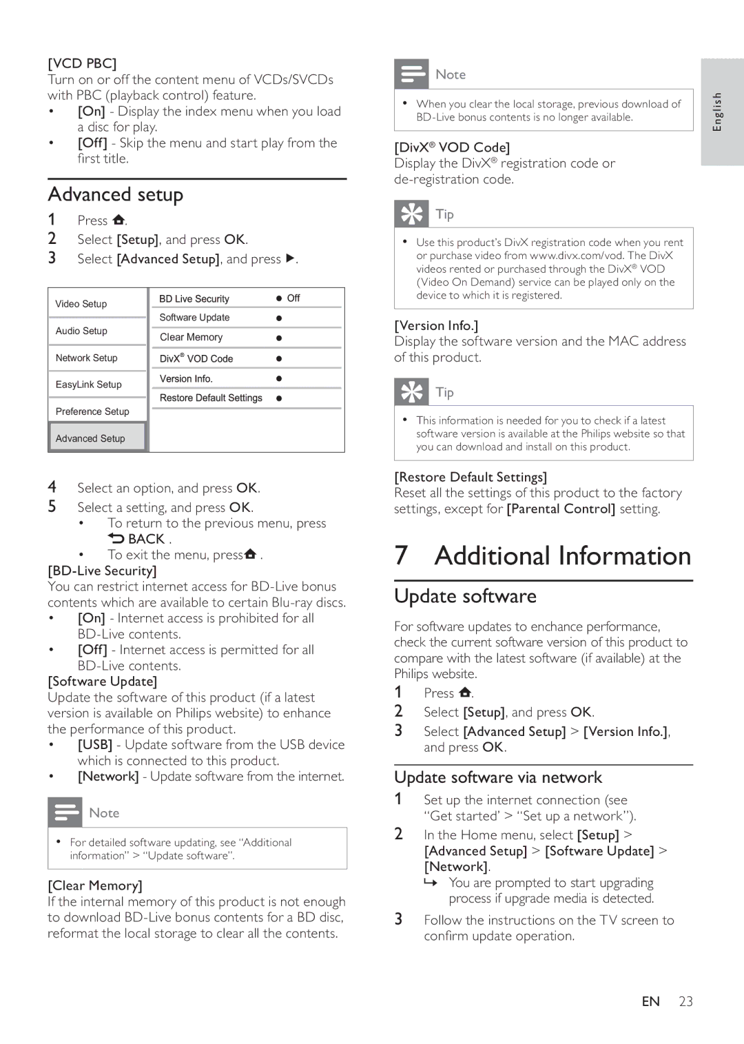 Philips BDP7500 MK II, BDP7500B2 Additional Information, Advanced setup, Update software via network, Vcd Pbc 