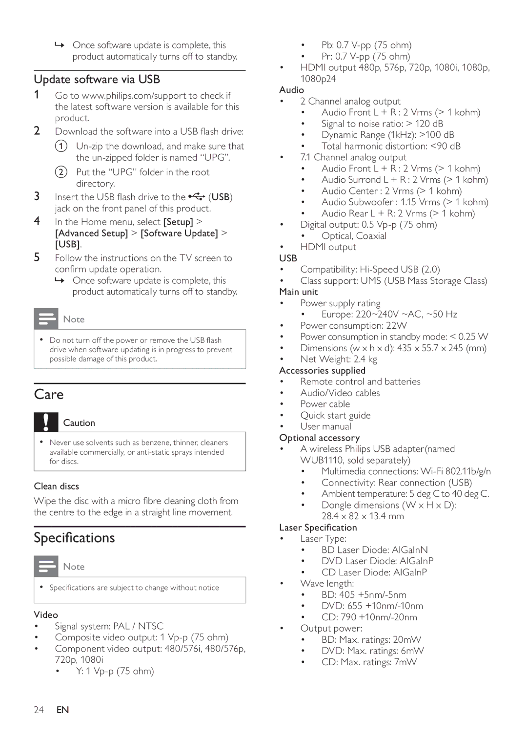 Philips BDP7500B2, BDP7500S2, BDP7500 MK II user manual Care, Speciﬁcations, Update software via USB, Usb 