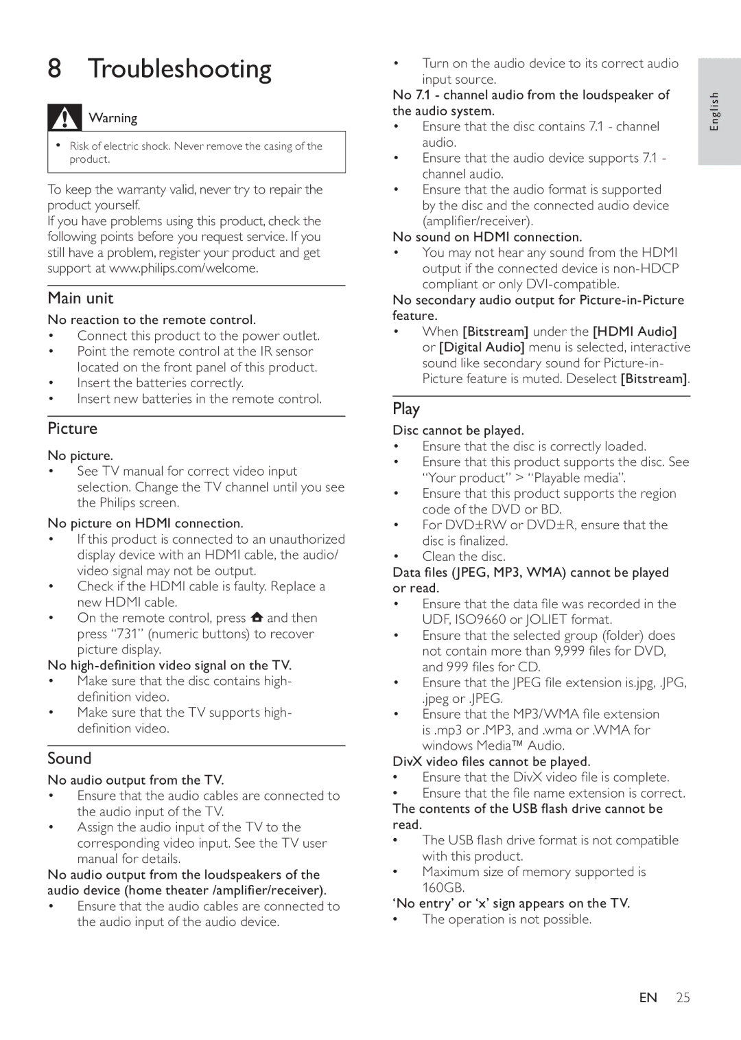 Philips BDP7500S2, BDP7500B2, BDP7500 MK II user manual Troubleshooting, Picture, Sound, Play 