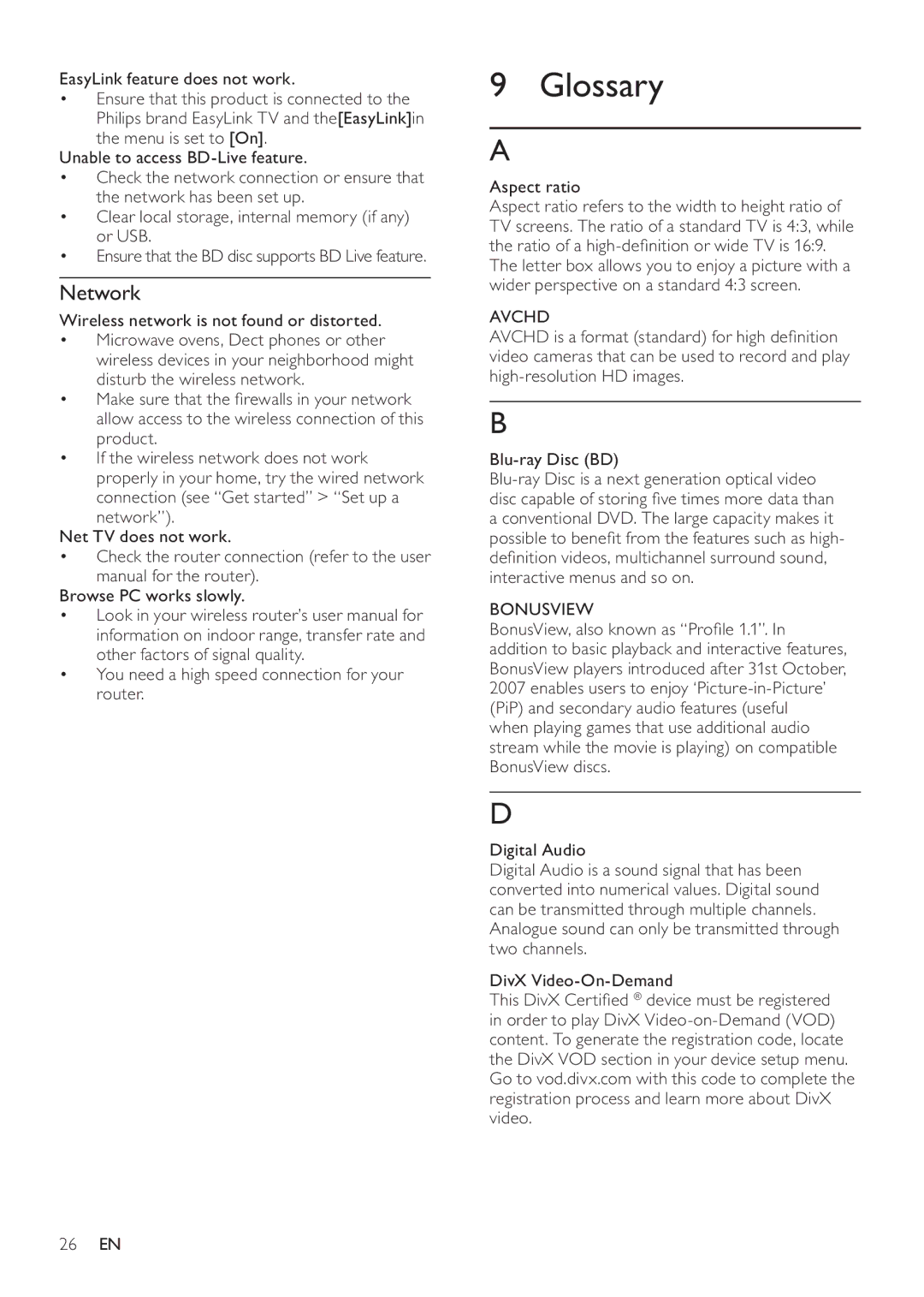 Philips BDP7500 MK II, BDP7500B2, BDP7500S2 user manual Glossary, Network, Aspect ratio, Avchd 