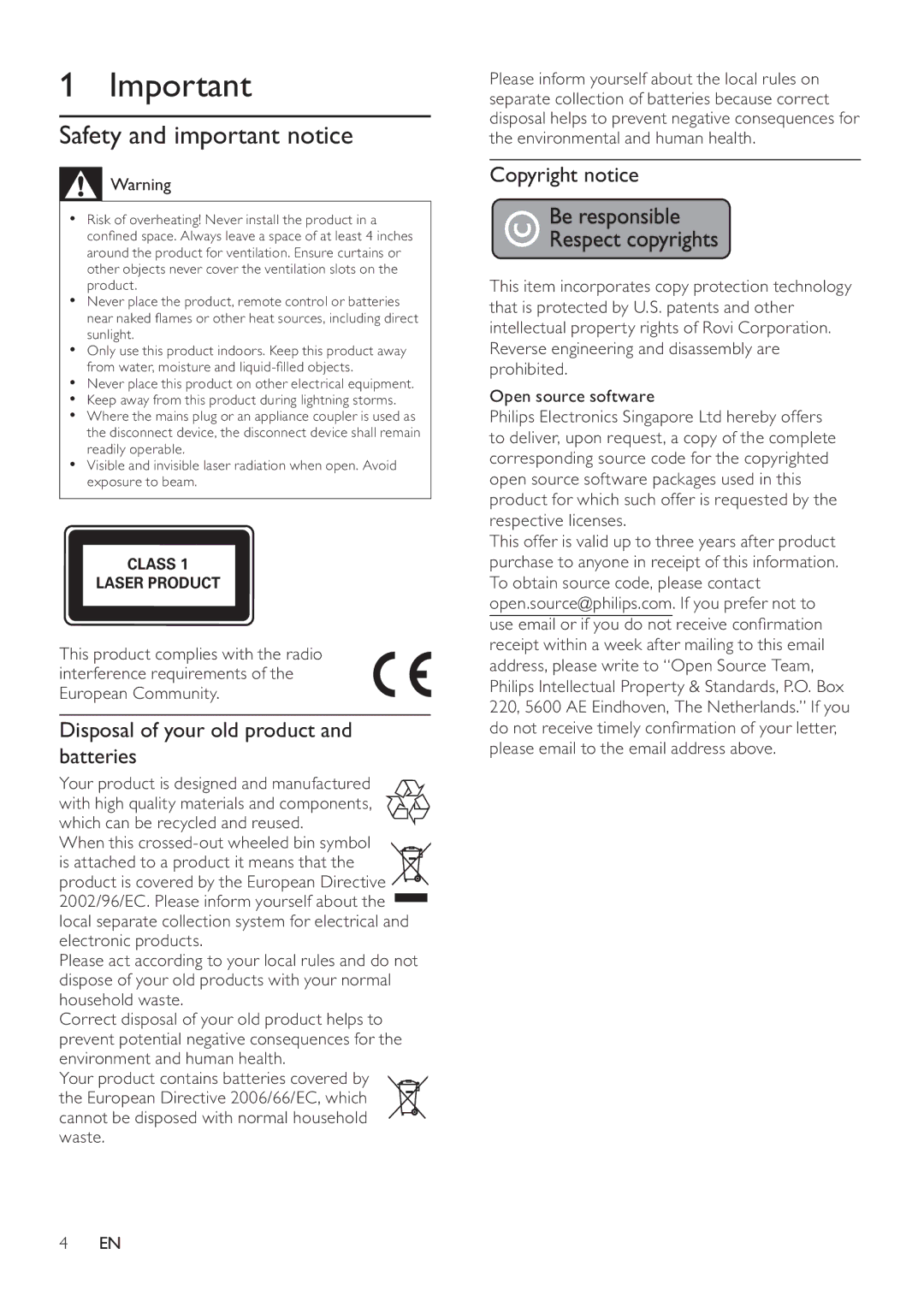 Philips BDP7500S2, BDP7500B2 Safety and important notice, Disposal of your old product and batteries, Copyright notice 