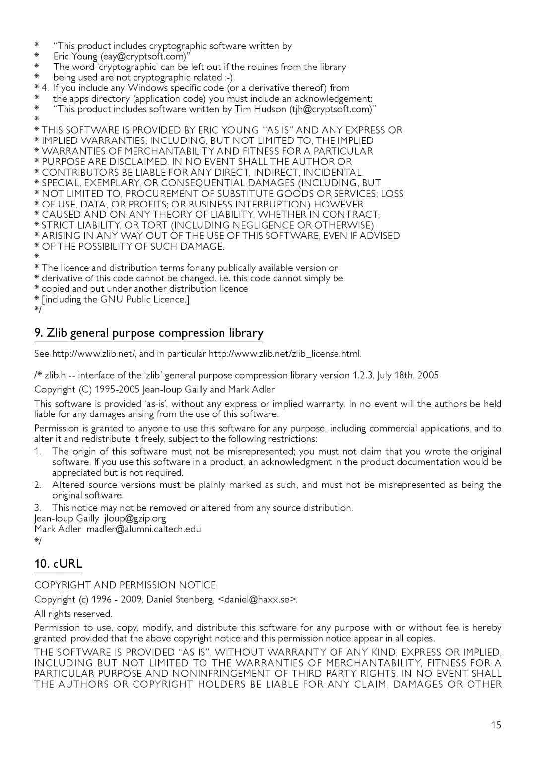 Philips BDP7500B2, BDP7500S2, BDP7500 MK II user manual Zlib general purpose compression library, Curl 